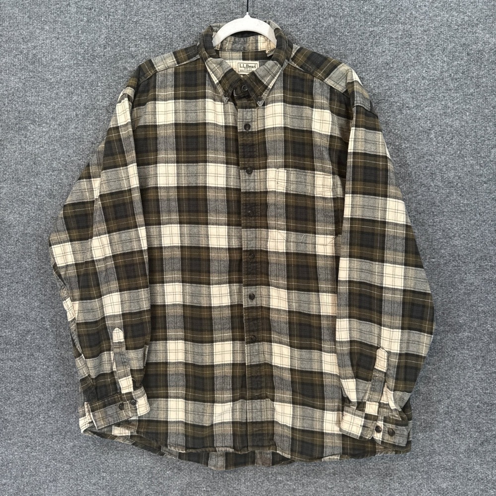 L.L Bean Flannel Shirt Mens XL Green Plaid Cotton Button Down Long Sleeve
